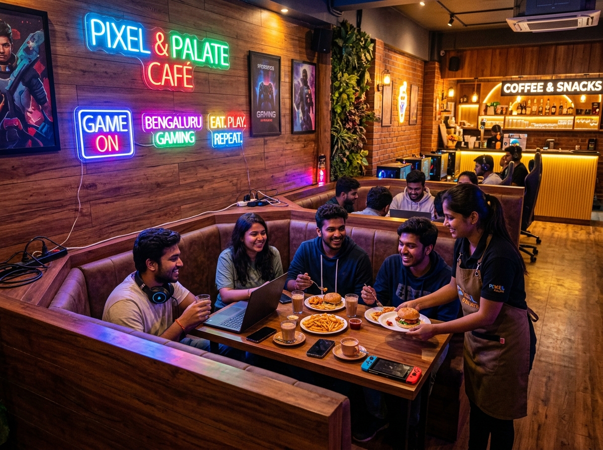 PixelFeast interior — cozy dining area with gaming zones